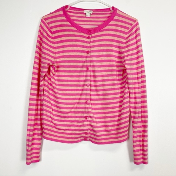 J Crew Caryn Cardigan Sweater Womens Size Small Pink Striped Round Neck Cotton - Picture 1 of 6